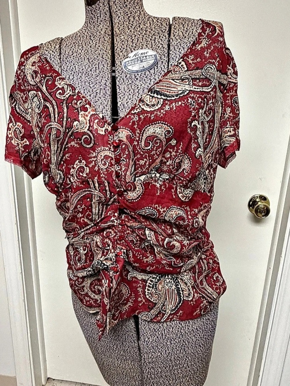 The Limited Paisley Silk Ruched Blouse in Red Size XL Like New